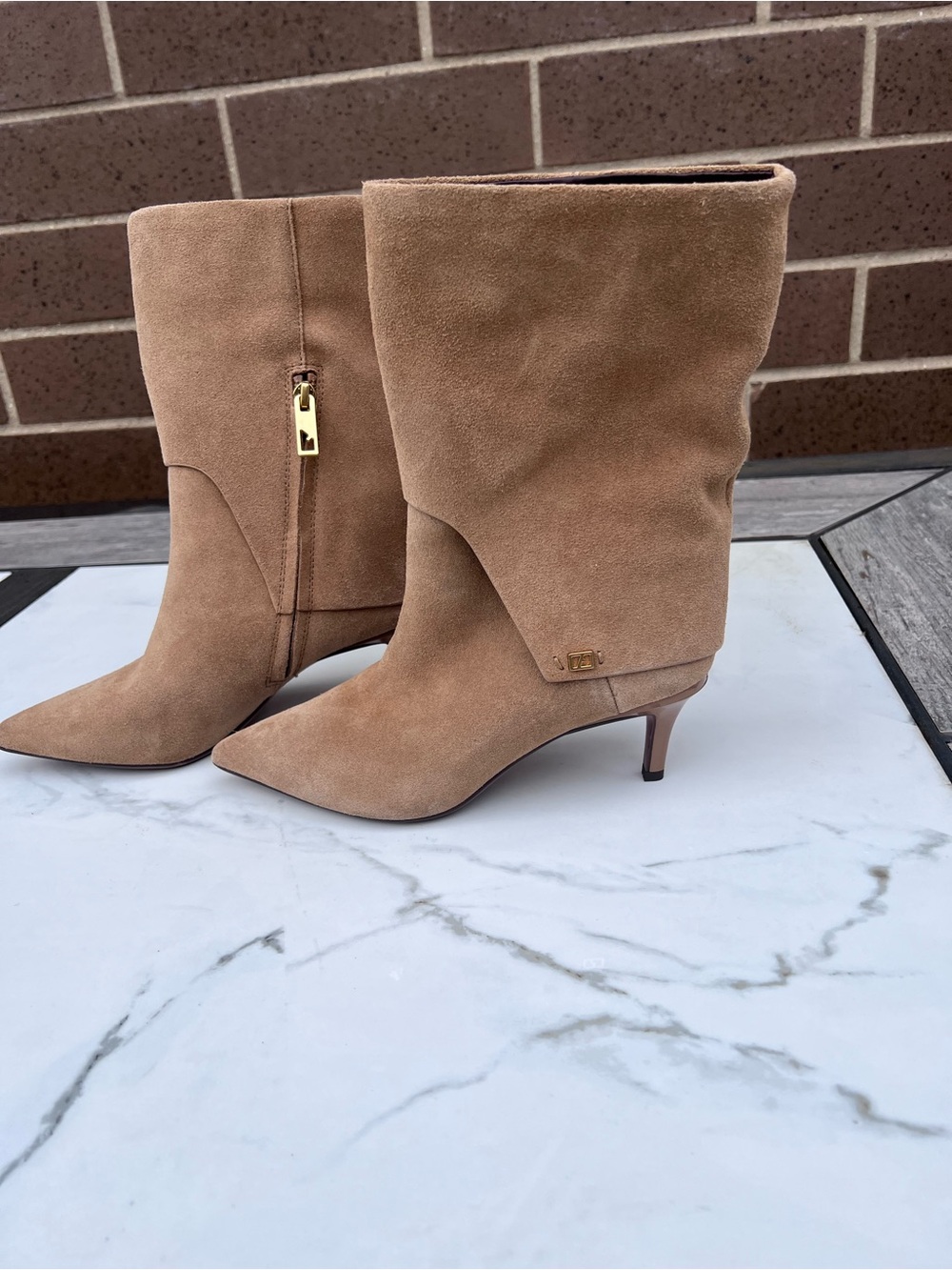 Franco Sarto Alberta Tan Suede Pointed-Toe Kitten Heel Mid-Calf Boots
